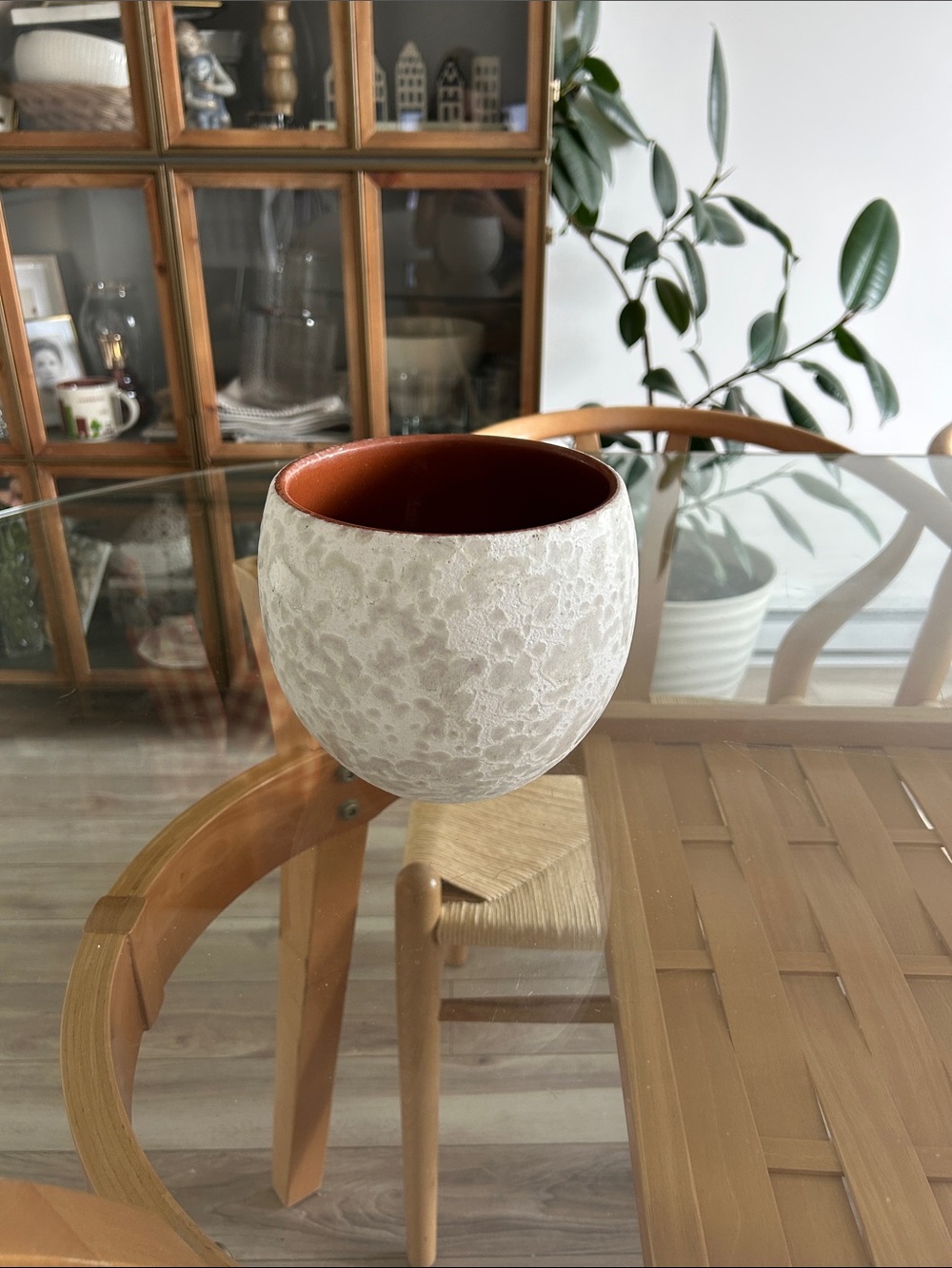 Textured White and Terracotta Round Ceramic Planter - Made in Germany